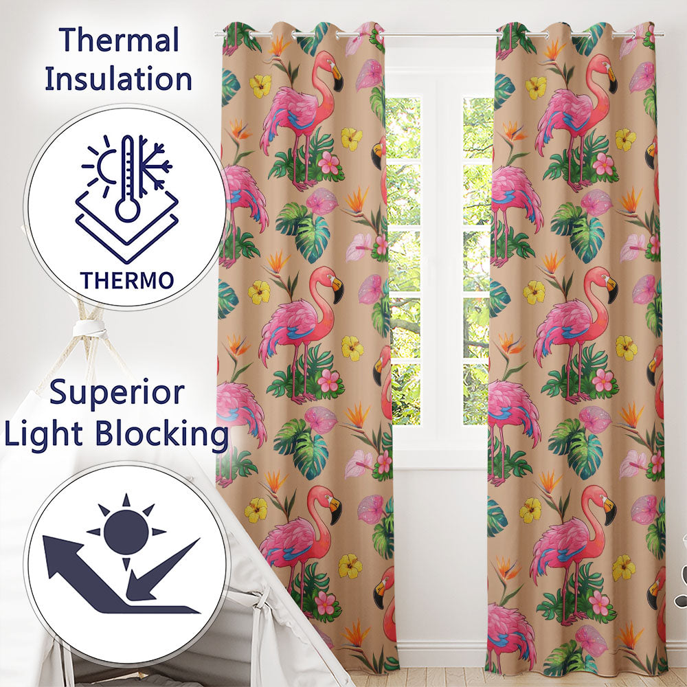 Tropical Flamingo with Hibiscus Flowers and Leaves Peach Background Readymade Eyelet Ring Top Thermal 100% Blackout Curtains