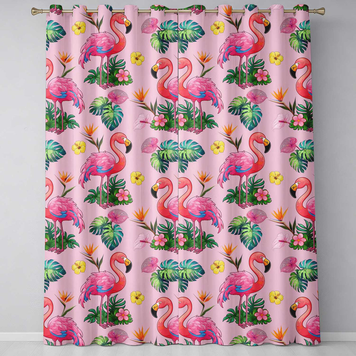 Tropical Flamingo with Hibiscus Flowers and Leaves Blush Pink Background Readymade Eyelet Ring Top Thermal 100% Blackout Curtains