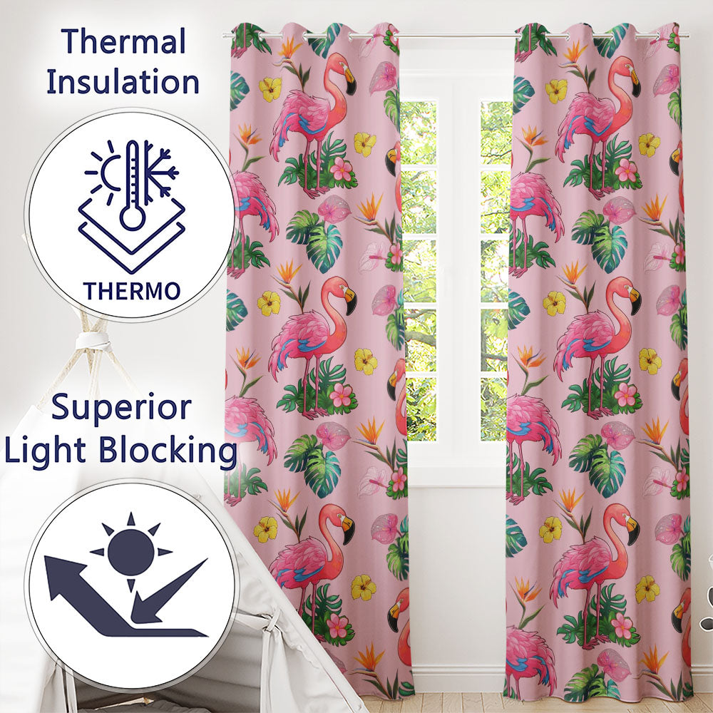 Tropical Flamingo with Hibiscus Flowers and Leaves Blush Pink Background Readymade Eyelet Ring Top Thermal 100% Blackout Curtains