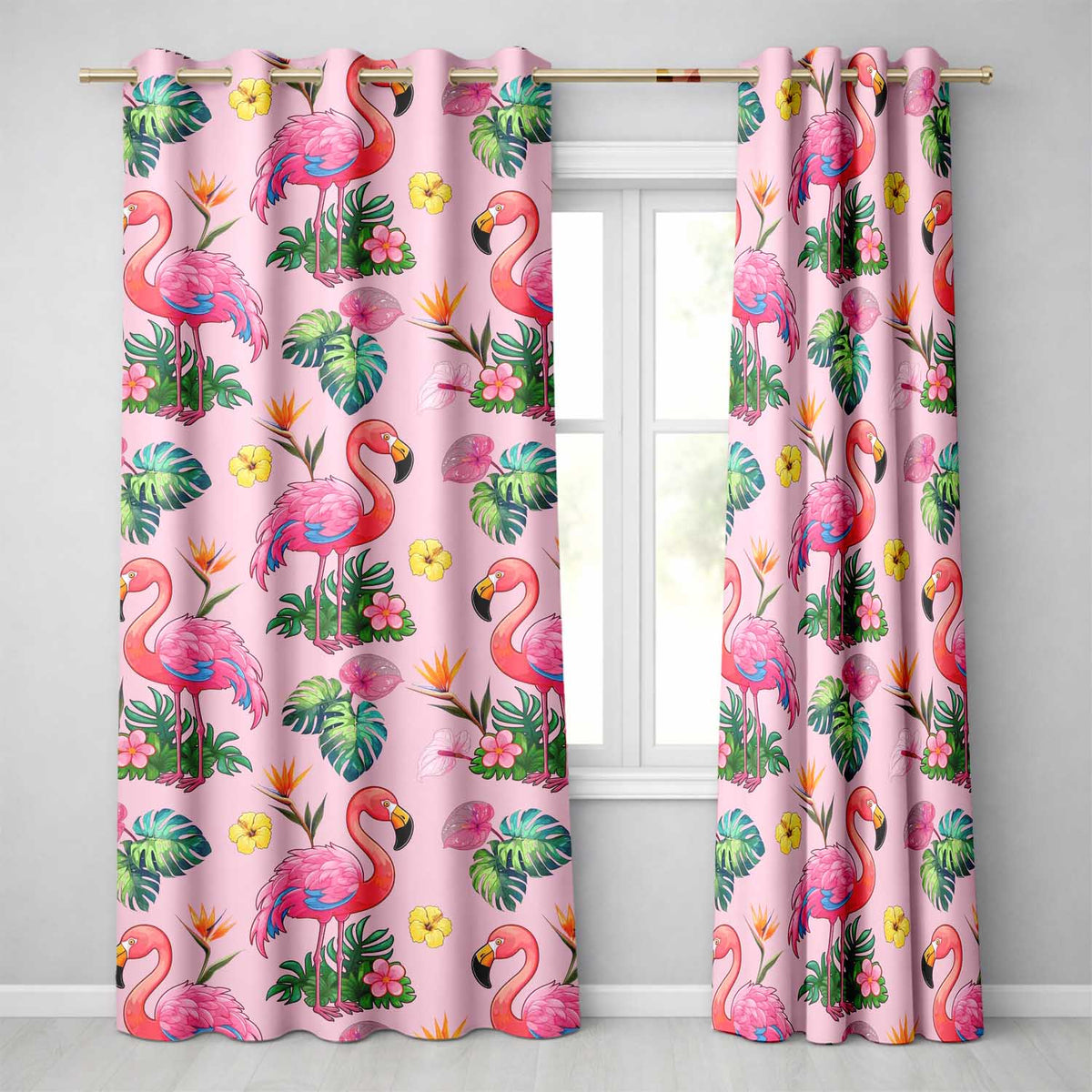 Tropical Flamingo with Hibiscus Flowers and Leaves Blush Pink Background Readymade Eyelet Ring Top Thermal 100% Blackout Curtains