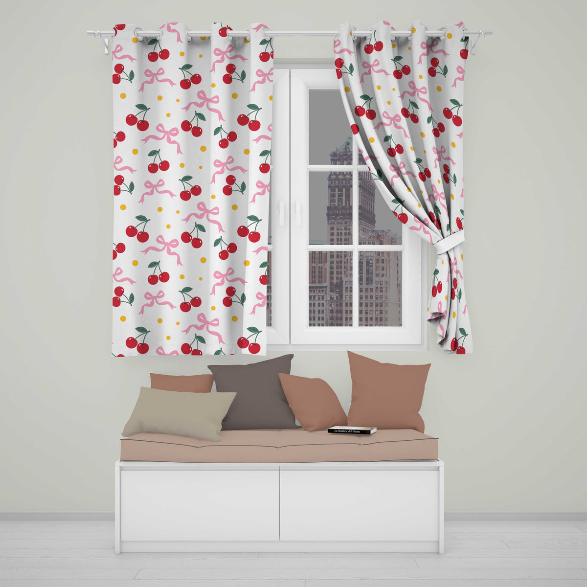 Cherry Bow and Daisy Seamless on White Background Readymade Eyelet Ring Top Thermal 100% Blackout Curtains