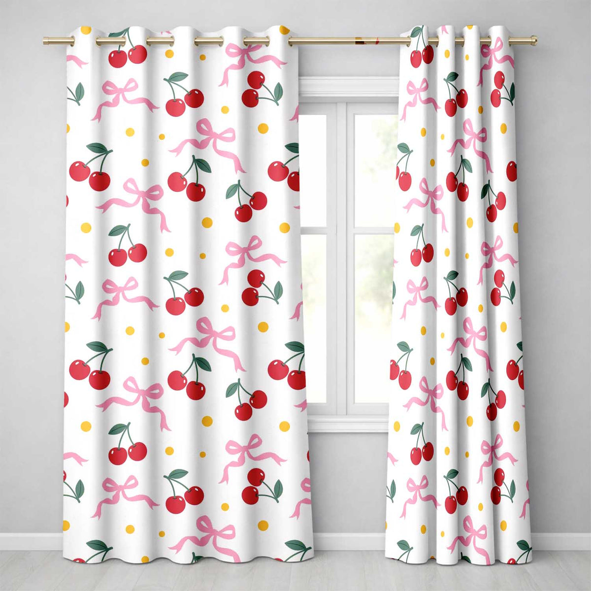 Cherry Bow and Daisy Seamless on White Background Readymade Eyelet Ring Top Thermal 100% Blackout Curtains
