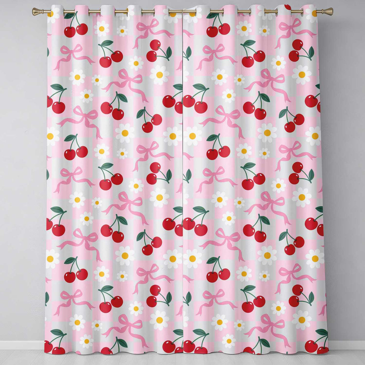 Cherry Bow and Daisy Pink Gingham Seamless Readymade Eyelet Ring Top Thermal 100% Blackout Curtains