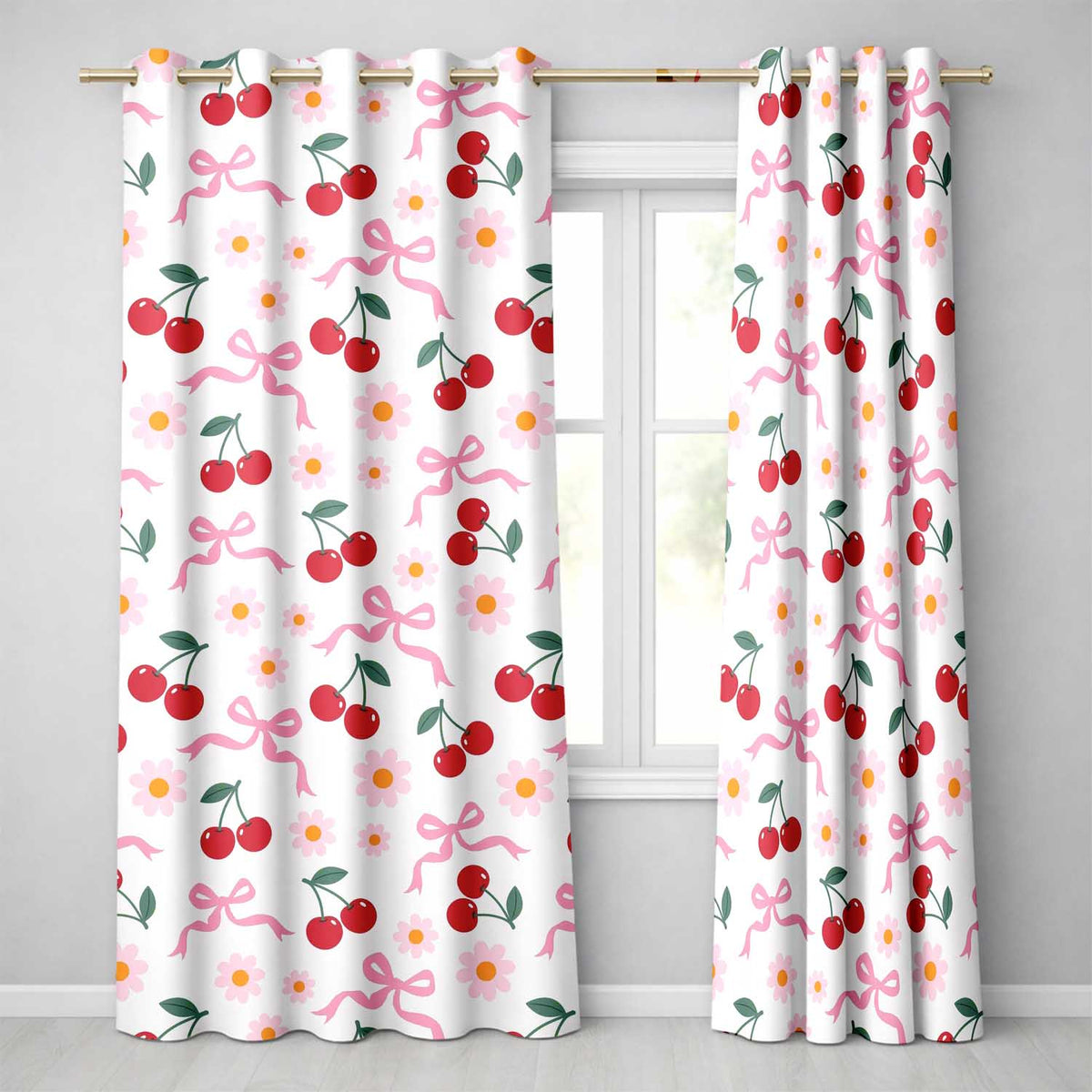 Cherry Bow and Daisy Seamless on White Background Readymade Eyelet Ring Top Thermal 100% Blackout Curtains