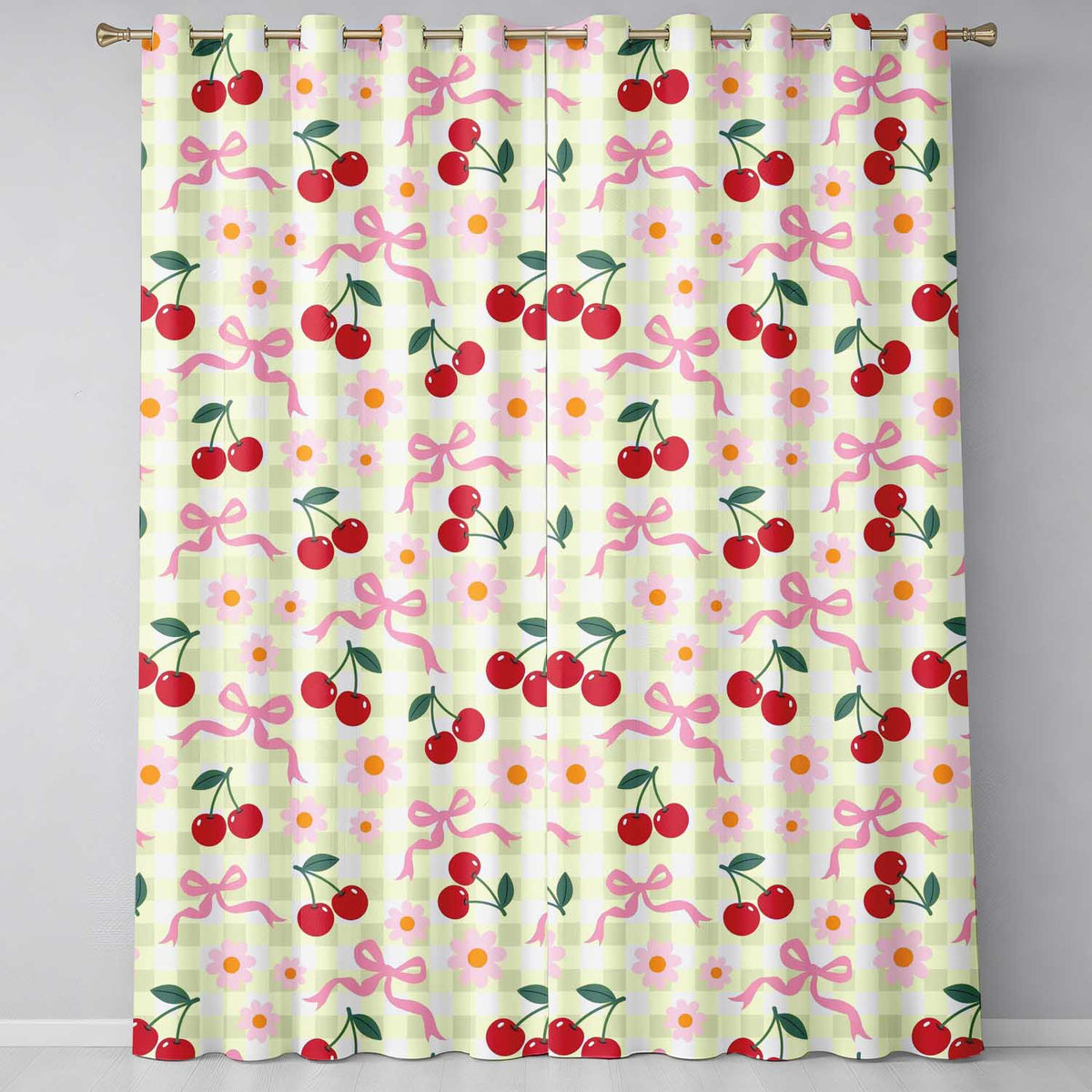 Cherry Bow and Daisy Yellow Gingham Seamless Readymade Eyelet Ring Top Thermal 100% Blackout Curtains