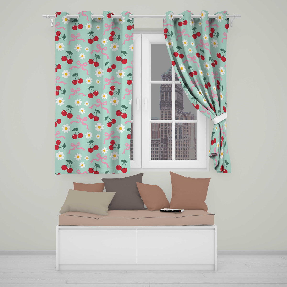 Cherry Bow and Daisy Teal Seamless Pattern Readymade Eyelet Ring Top Thermal 100% Blackout Curtains
