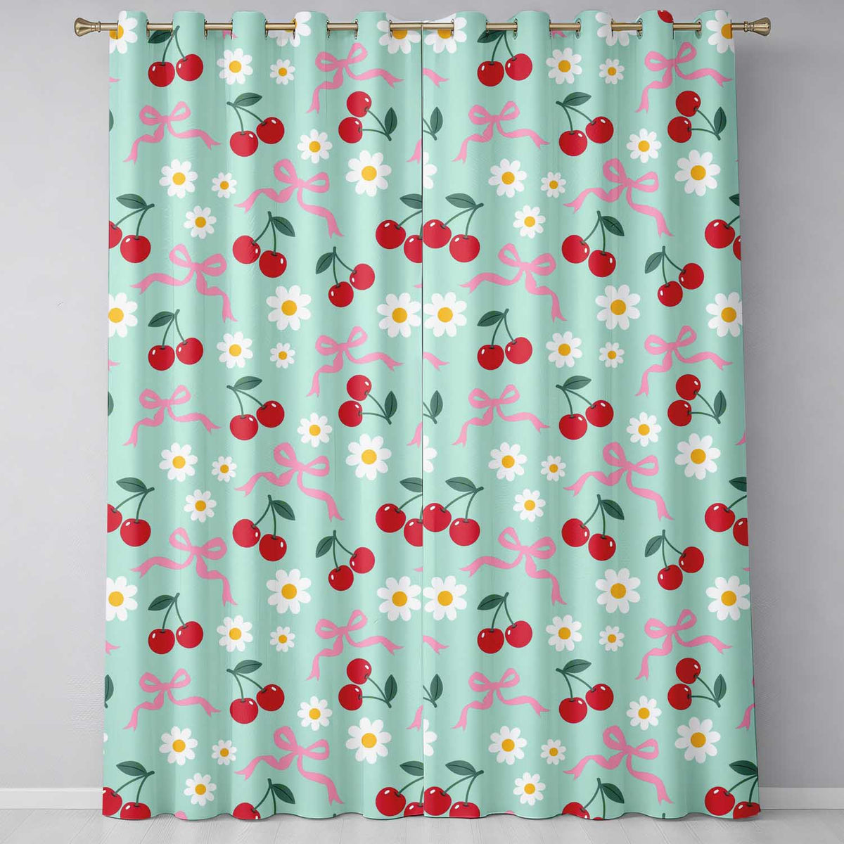 Cherry Bow and Daisy Teal Seamless Pattern Readymade Eyelet Ring Top Thermal 100% Blackout Curtains
