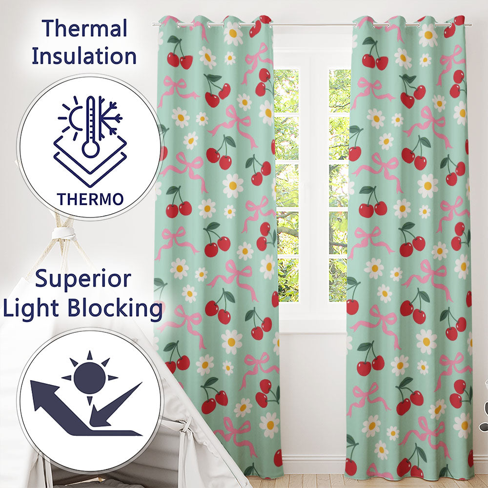 Cherry Bow and Daisy Teal Seamless Pattern Readymade Eyelet Ring Top Thermal 100% Blackout Curtains