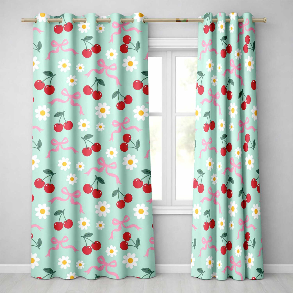 Cherry Bow and Daisy Teal Seamless Pattern Readymade Eyelet Ring Top Thermal 100% Blackout Curtains