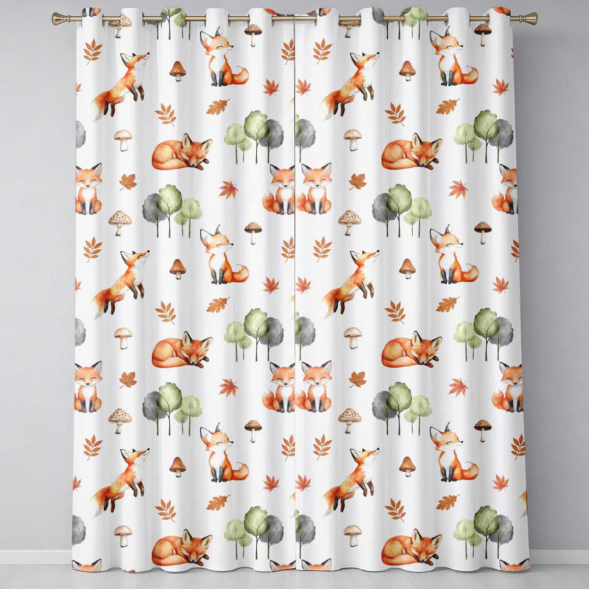 Watercolor Fox Mushroom Autumn Woodland Seamless Readymade Eyelet Ring Top Thermal 100% Blackout Curtains
