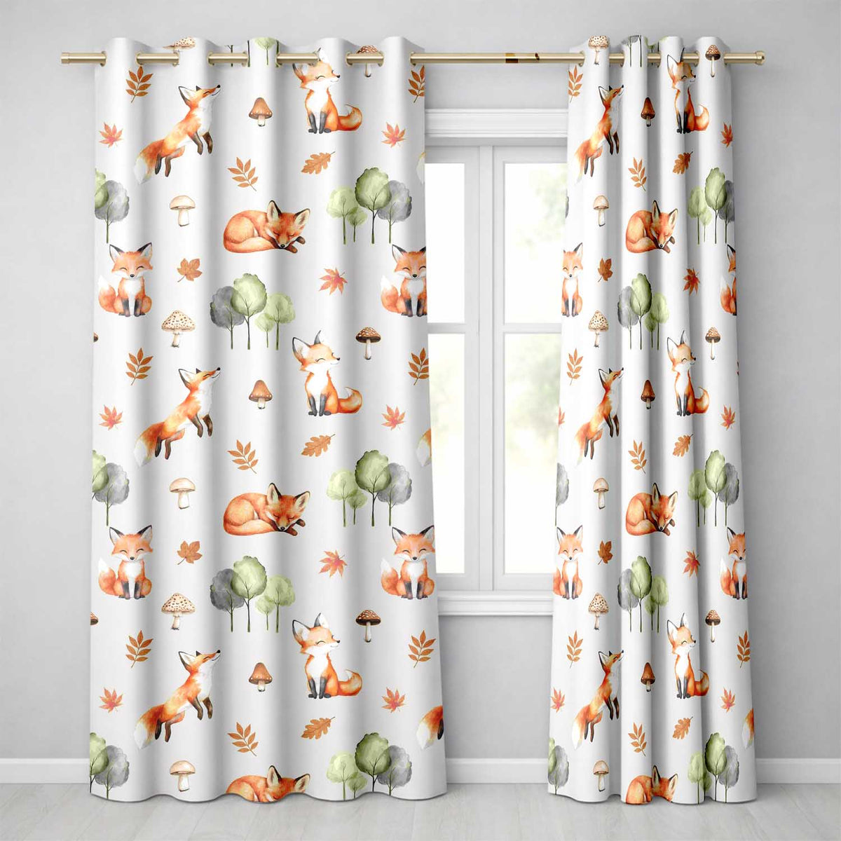 Watercolor Woodland Fox Mushroom Autumn Seamless on Plain Background Readymade Eyelet Ring Top Thermal 100% Blackout Curtains