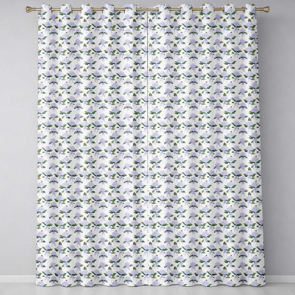 Blue Hydrangea Bouquet Ribbon Floral Seamless Readymade Eyelet Ring Top Thermal 100% Blackout Curtains