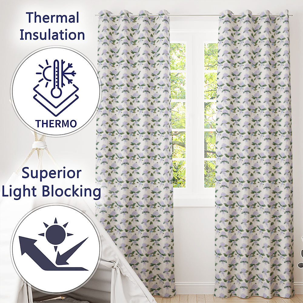 Blue Hydrangea Bouquet Ribbon Floral Seamless Readymade Eyelet Ring Top Thermal 100% Blackout Curtains