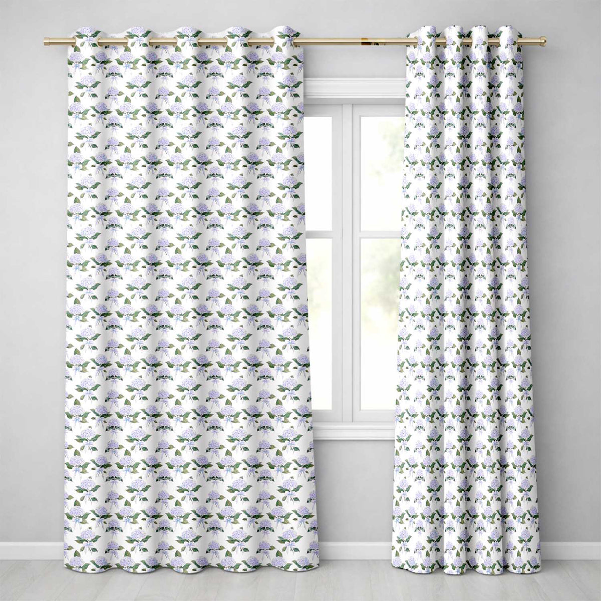 Blue Hydrangea Bouquet Ribbon Floral Seamless Readymade Eyelet Ring Top Thermal 100% Blackout Curtains