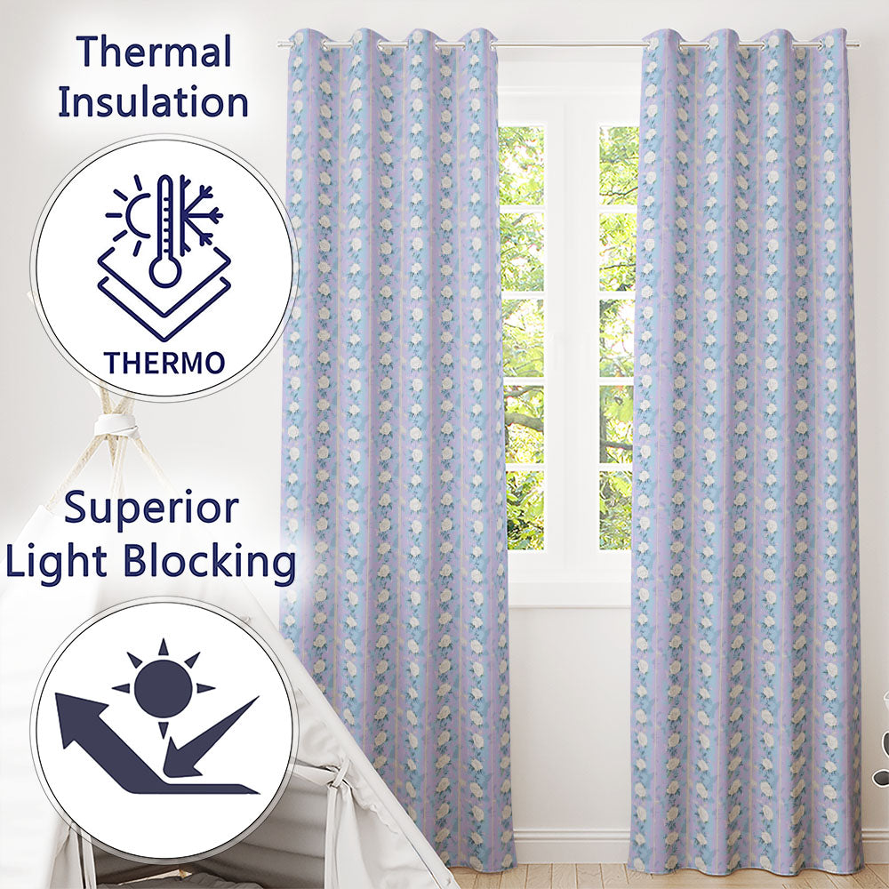Vintage Blue Rose Stripe Floral Seamless Readymade Eyelet Ring Top Thermal 100% Blackout Curtains