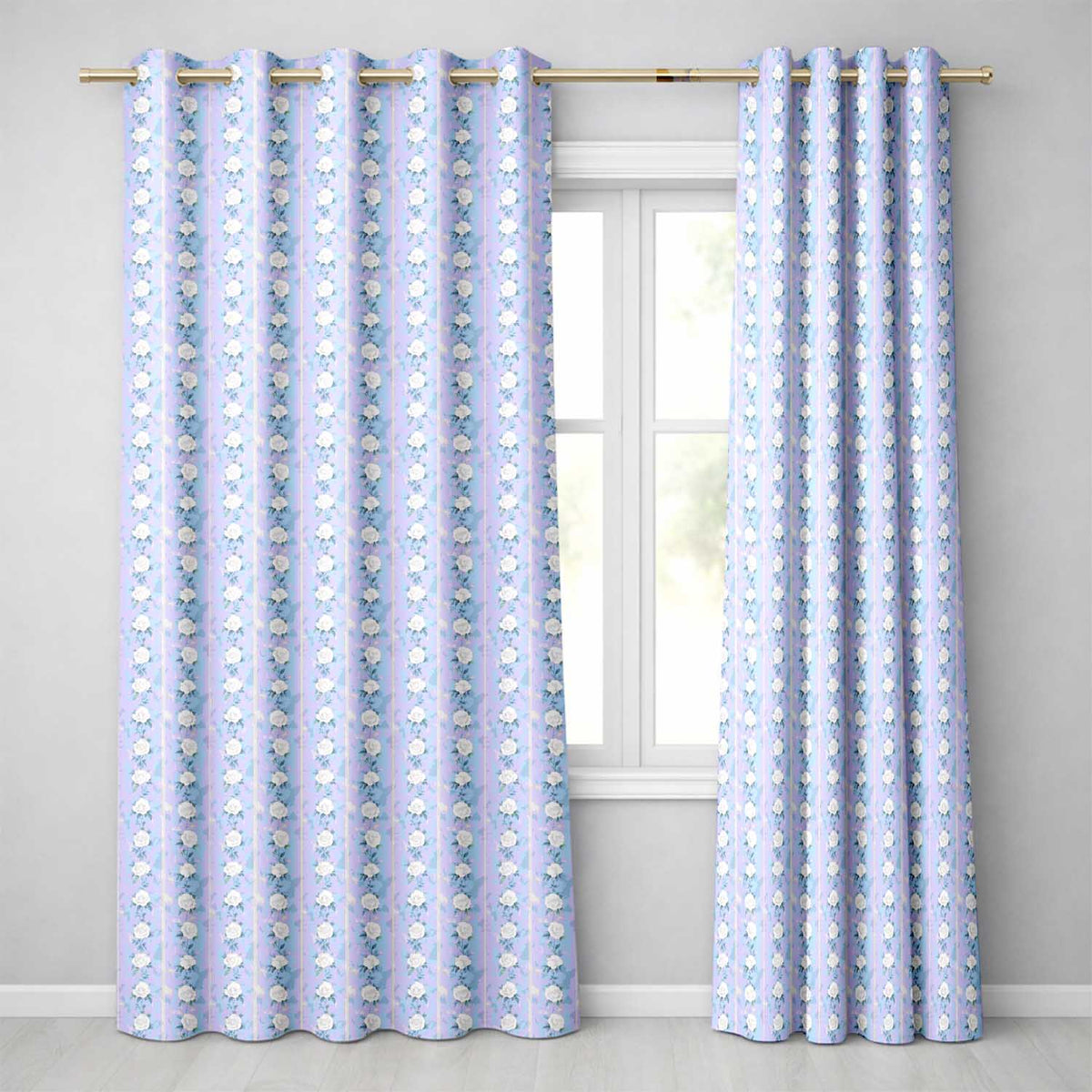 Vintage Blue Rose Stripe Floral Seamless Readymade Eyelet Ring Top Thermal 100% Blackout Curtains