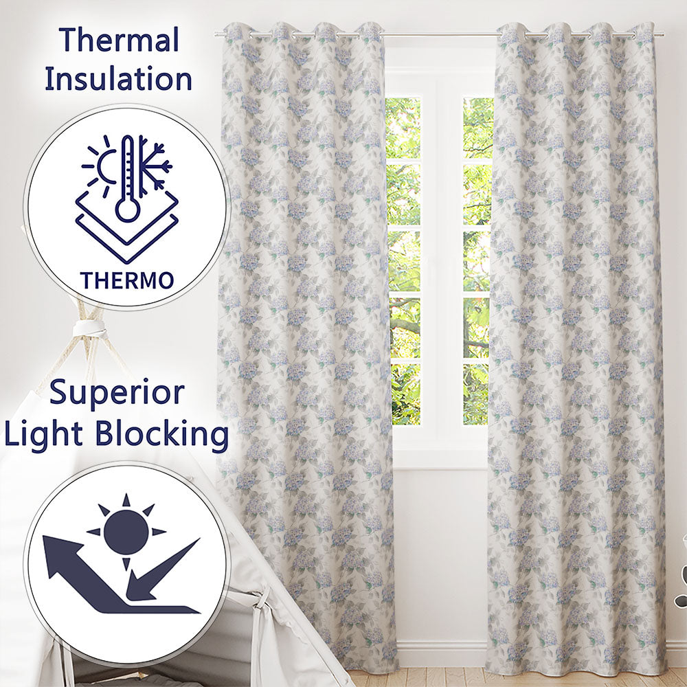 Blue Hydrangea Botanical Seamless Pattern Readymade Eyelet Ring Top Thermal 100% Blackout Curtains