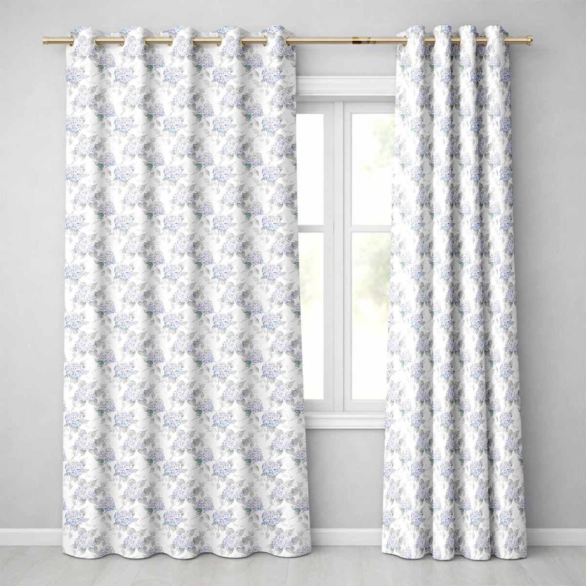 Blue Hydrangea Botanical Seamless Pattern Readymade Eyelet Ring Top Thermal 100% Blackout Curtains