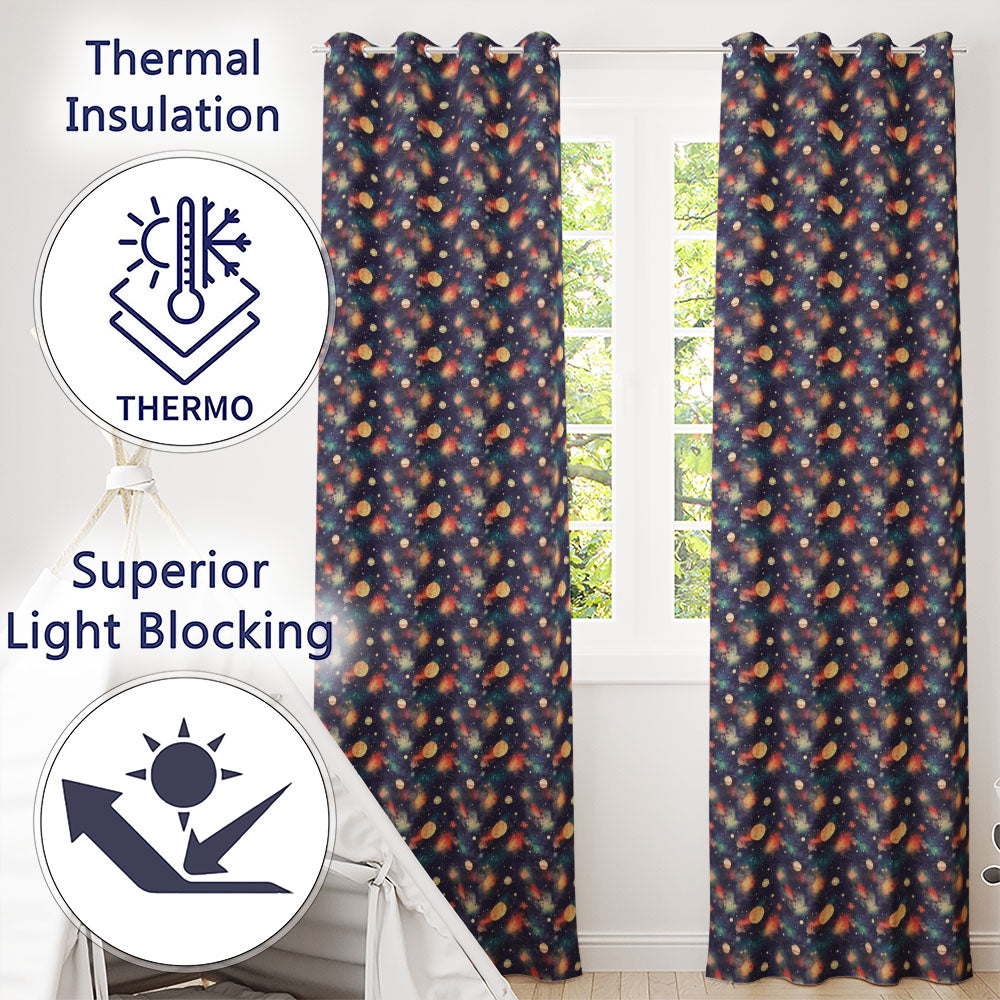 Vibrant Galaxy Planets Nebula Space Seamless Dark Cosmic Readymade Eyelet Ring Top Thermal 100% Blackout Curtains
