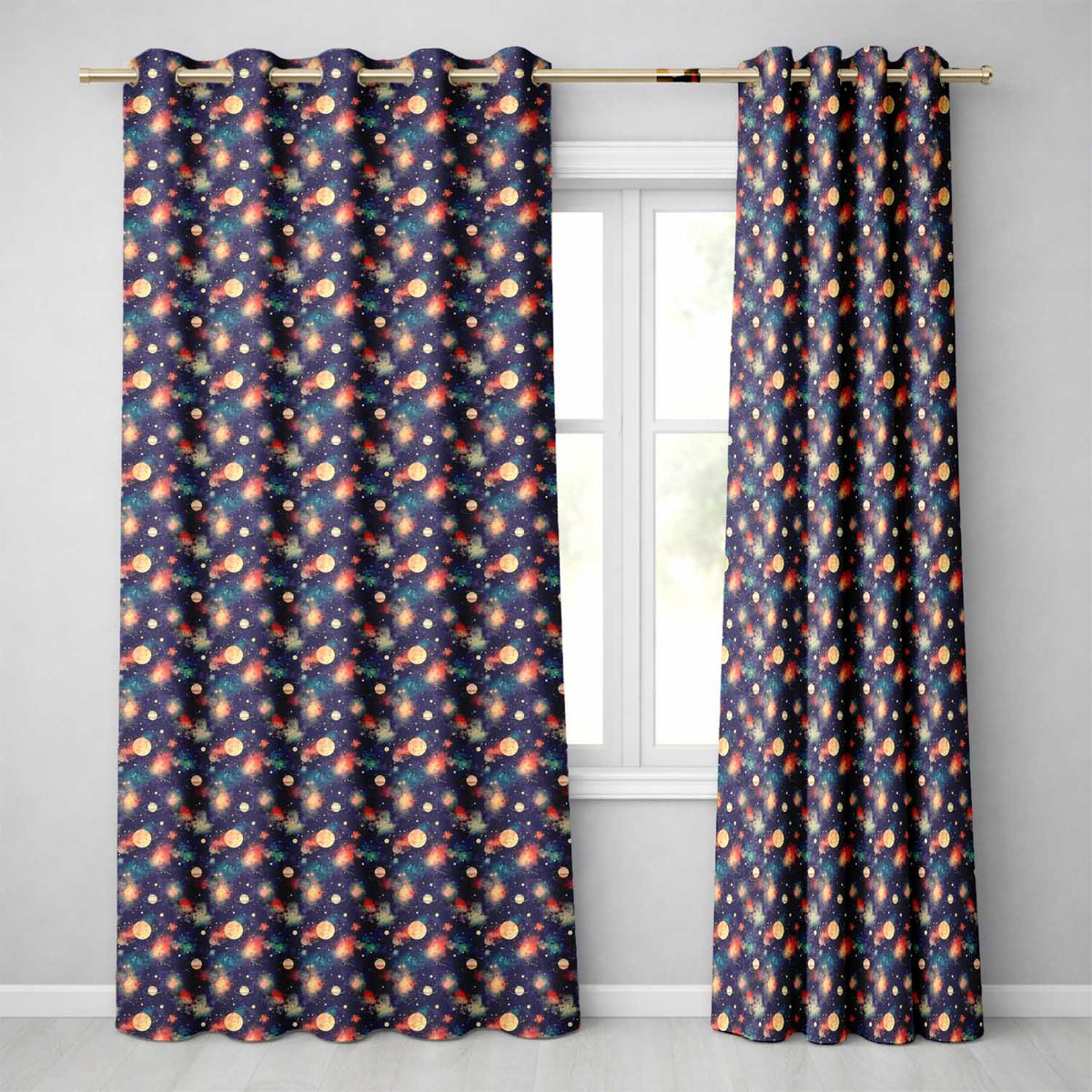 Vibrant Galaxy Planets Nebula Space Seamless Dark Cosmic Readymade Eyelet Ring Top Thermal 100% Blackout Curtains