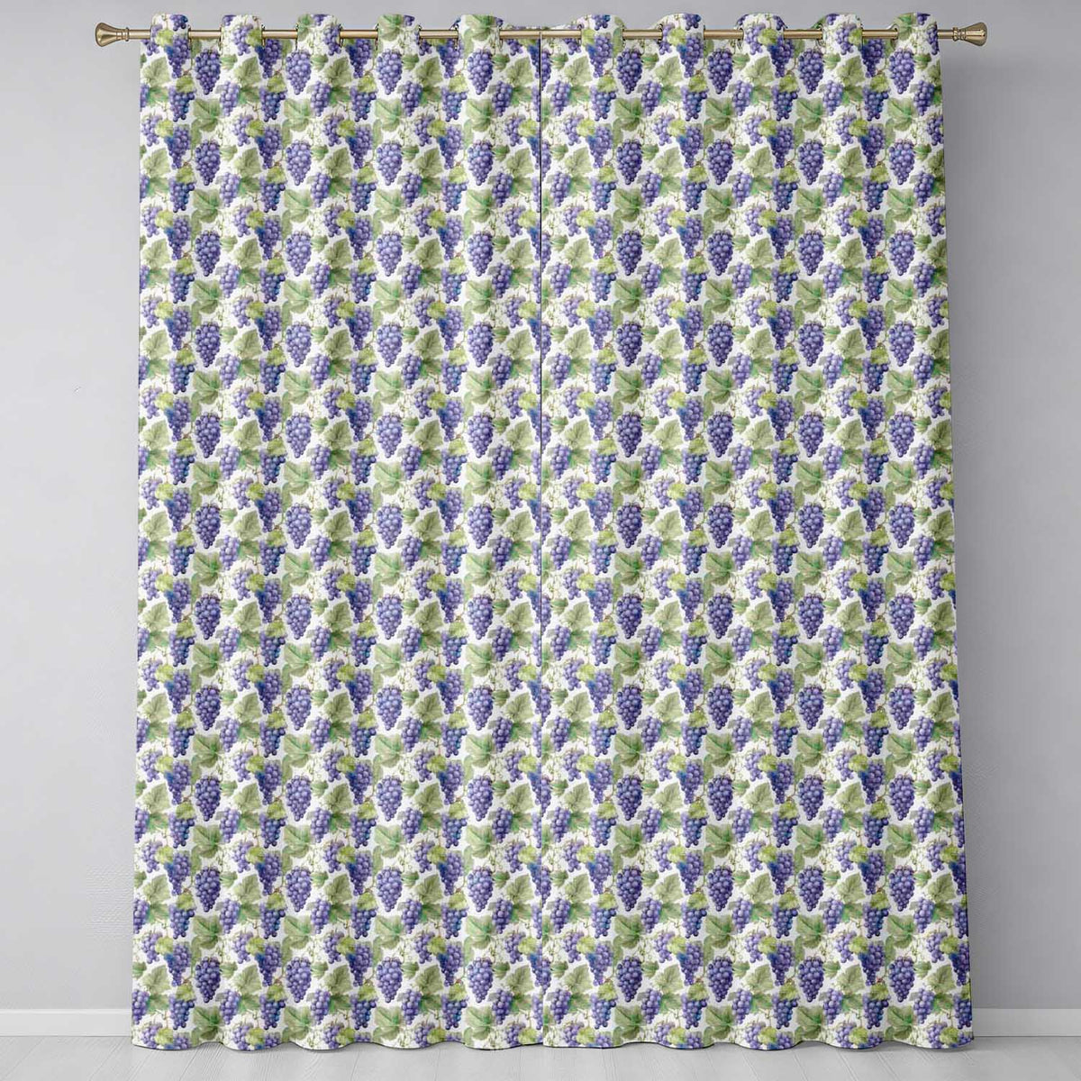 Realistic Purple Grapes and Vine Leaves Seamless Readymade Eyelet Ring Top Thermal 100% Blackout Curtains
