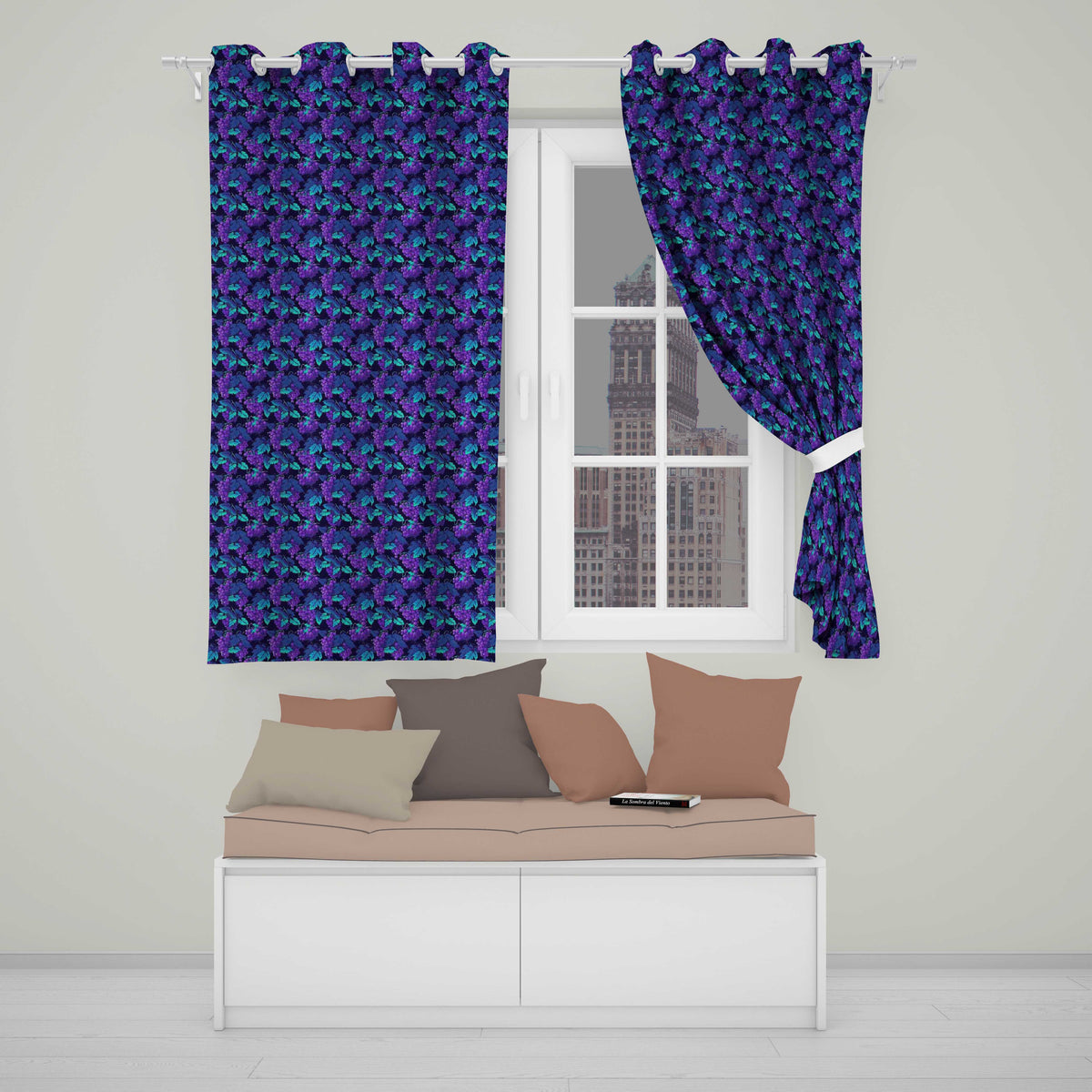 Teal Leaves With Purple Grapes Decorative Seamless Readymade Eyelet Ring Top Thermal 100% Blackout Curtains