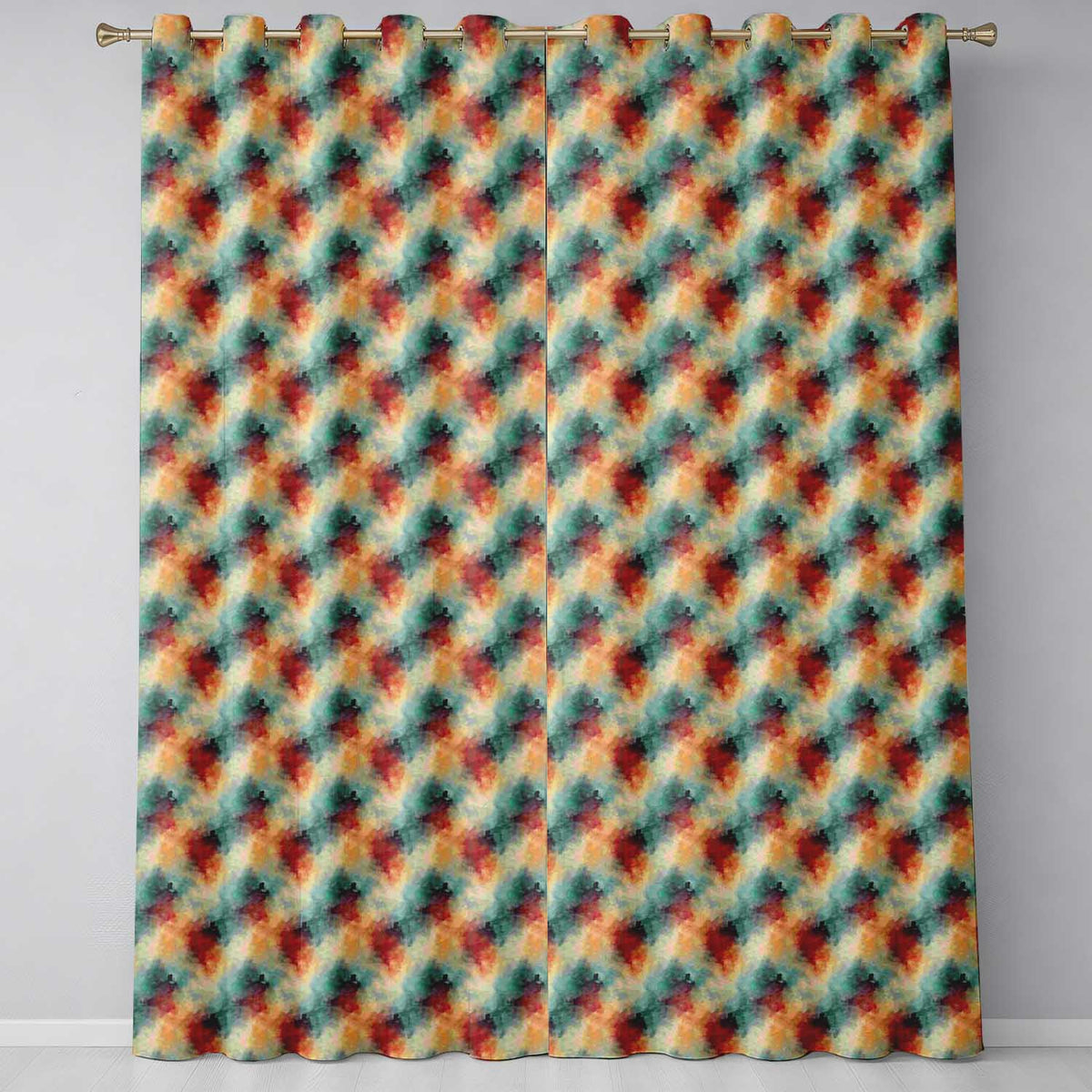 Abstract Watercolour Burst in Teal Orange and Red Seamless Readymade Eyelet Ring Top Thermal 100% Blackout Curtains