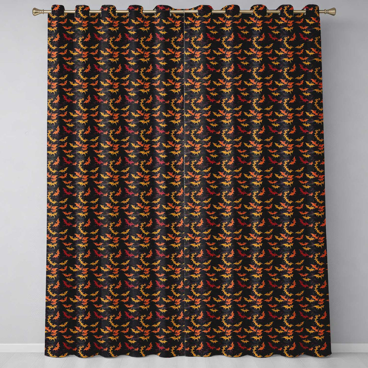 Halloween Bats in Orange Yellow and Black Seamless Readymade Eyelet Ring Top Thermal 100% Blackout Curtains