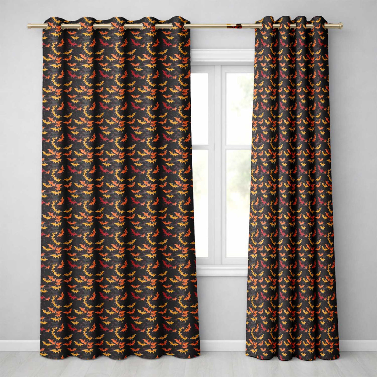 Halloween Bats in Orange Yellow and Black Seamless Readymade Eyelet Ring Top Thermal 100% Blackout Curtains