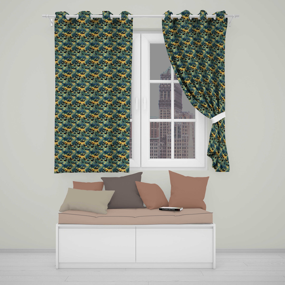 Starry Night Swirling Sky with Bats Artistic Van Gogh Style Halloween Readymade Eyelet Ring Top Thermal 100% Blackout Curtains