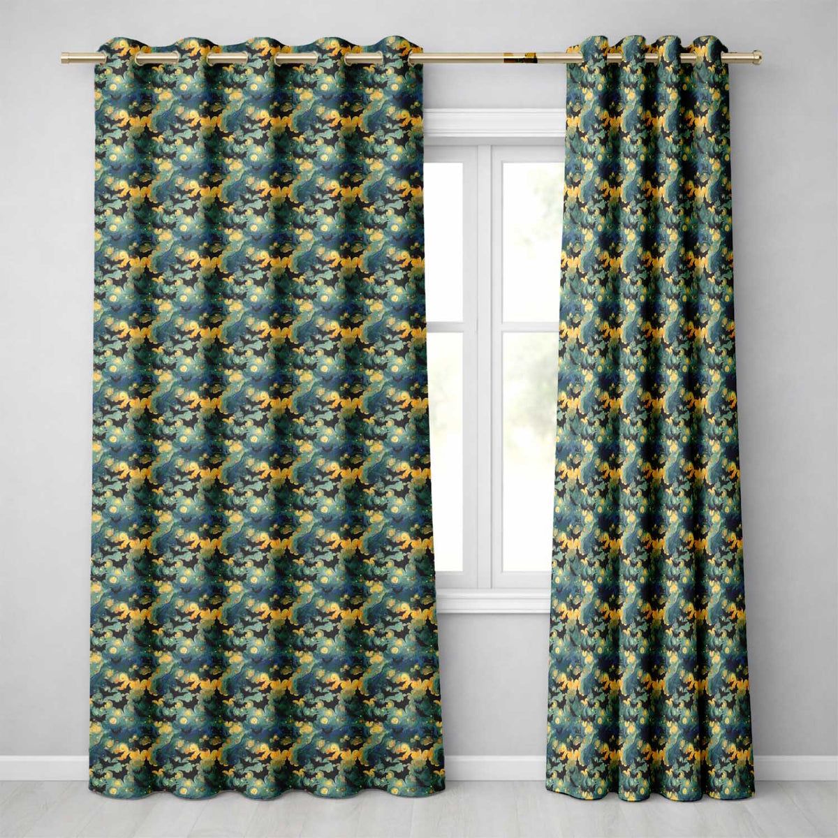 Starry Night Swirling Sky with Bats Artistic Van Gogh Style Halloween Readymade Eyelet Ring Top Thermal 100% Blackout Curtains