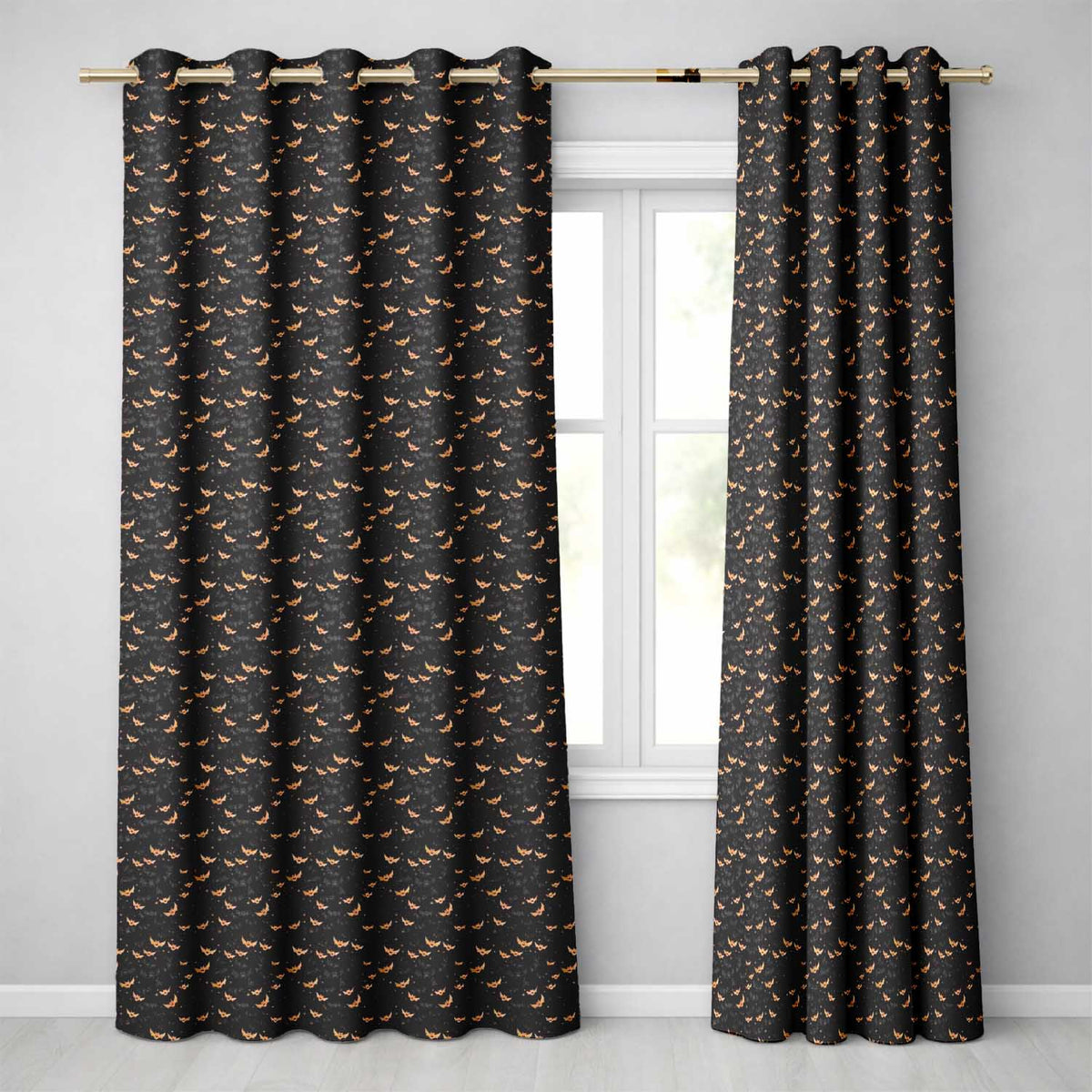Cartoon Bats and Stars on Black Background Fun Halloween Seamless Readymade Eyelet Ring Top Thermal 100% Blackout Curtains