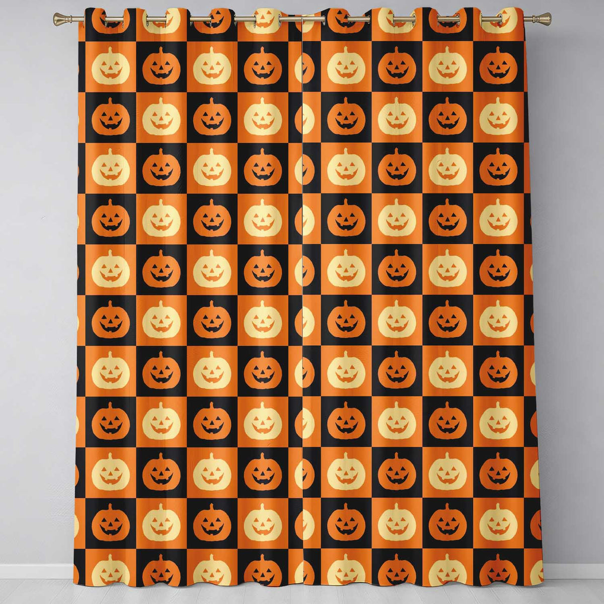 Halloween Pumpkin Faces Orange and Black Checkerboard Seamless Readymade Eyelet Ring Top Thermal 100% Blackout Curtains