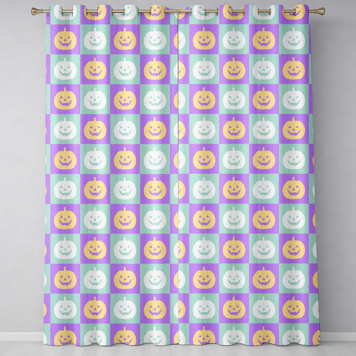 Pastel Pumpkin Faces on Mint and Lavender Background Seamless Halloween Readymade Eyelet Ring Top Thermal 100% Blackout Curtains