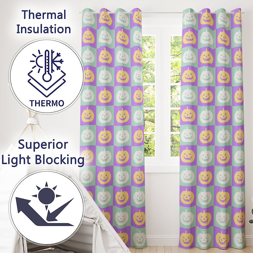 Pastel Pumpkin Faces on Mint and Lavender Background Seamless Halloween Readymade Eyelet Ring Top Thermal 100% Blackout Curtains