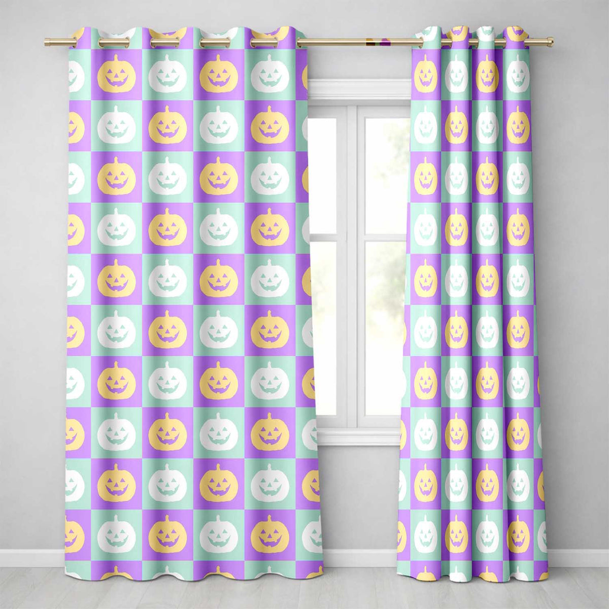 Pastel Pumpkin Faces on Mint and Lavender Background Seamless Halloween Readymade Eyelet Ring Top Thermal 100% Blackout Curtains
