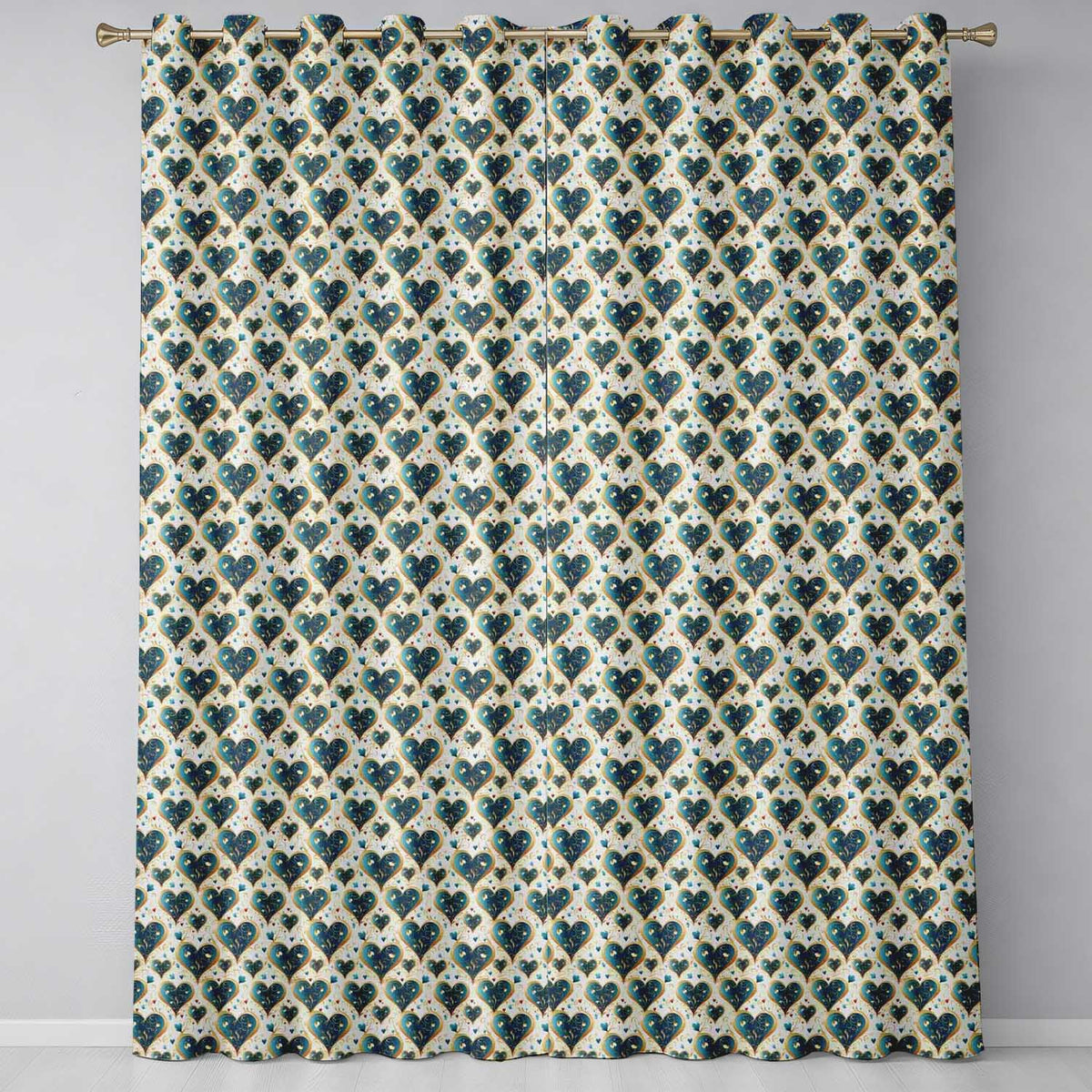 Elegant Blue Gold Ornate Heart Scrollwork Romantic Seamless Readymade Eyelet Ring Top Thermal 100% Blackout Curtains