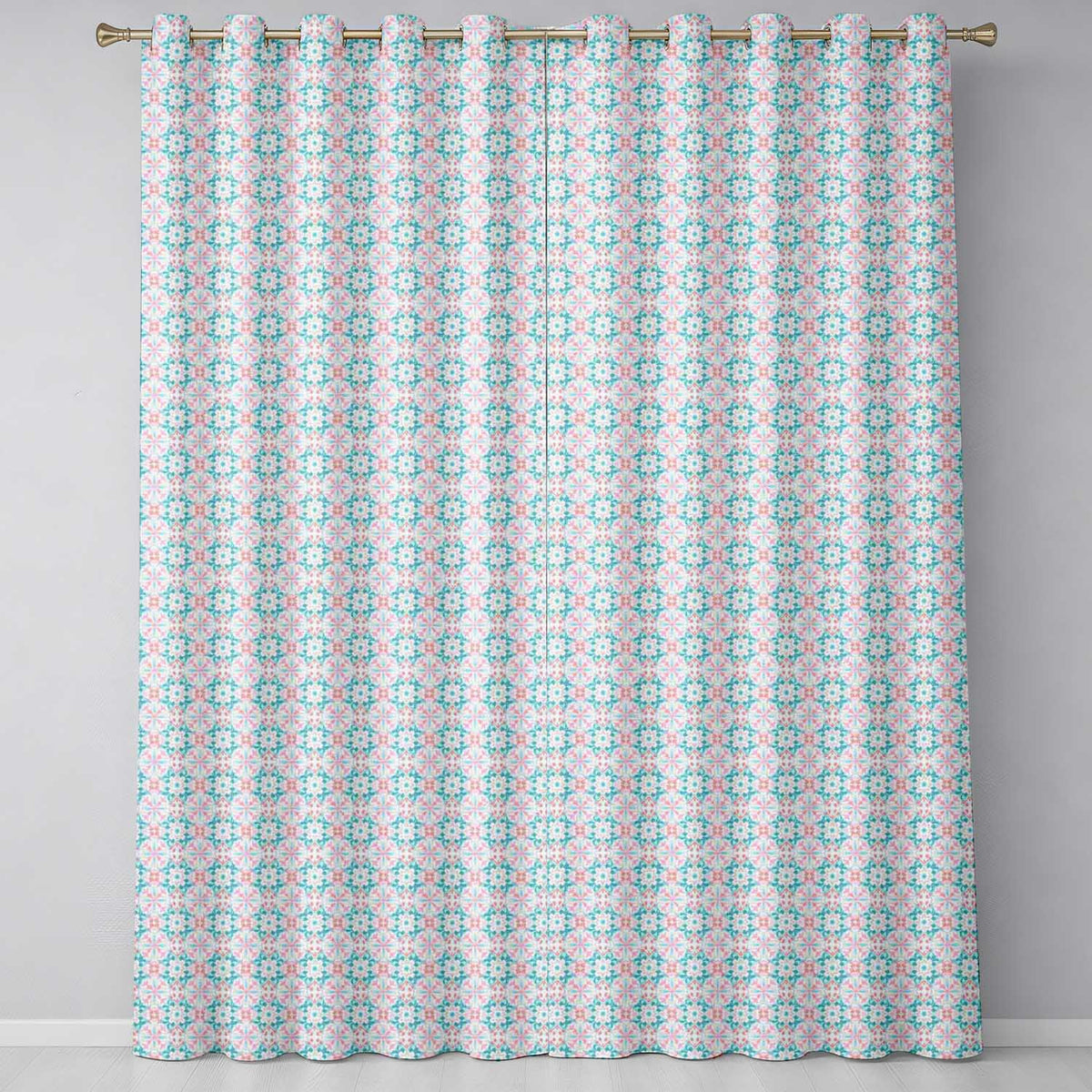 Pastel Floral Geometric Tile Pink Teal Seamless Readymade Eyelet Ring Top Thermal 100% Blackout Curtains