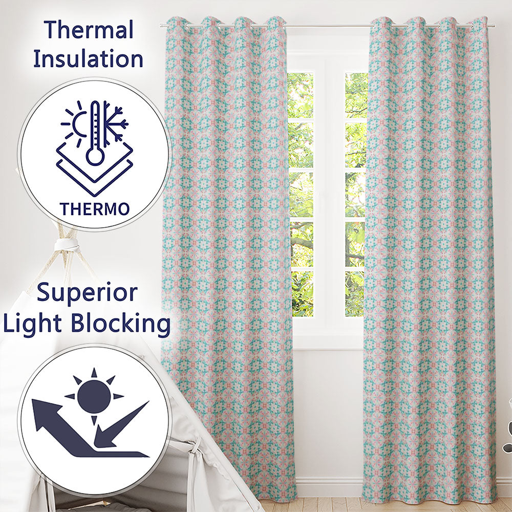 Pastel Floral Geometric Tile Pink Teal Seamless Readymade Eyelet Ring Top Thermal 100% Blackout Curtains