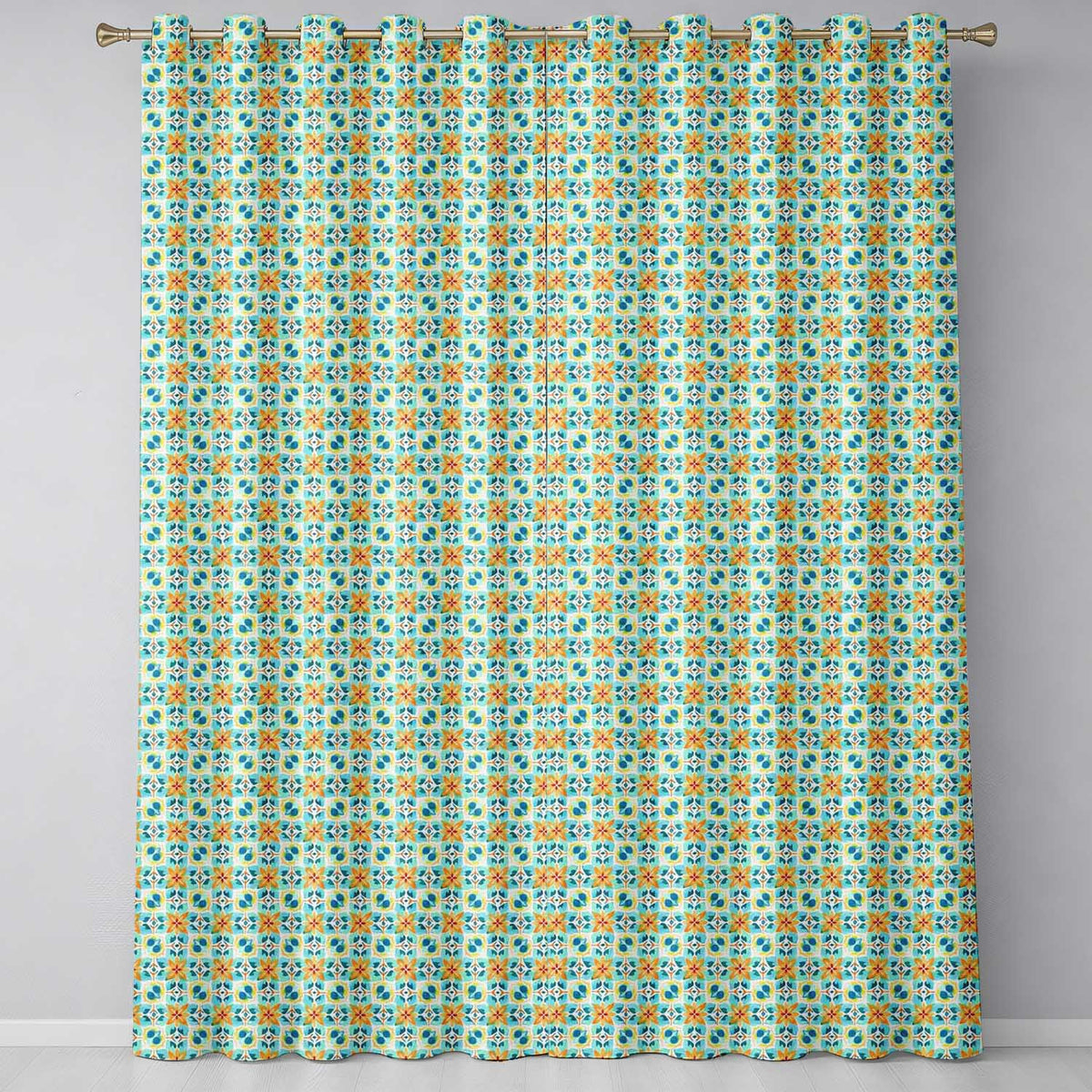 Dark Floral Folk Orange Blue Seamless Readymade Eyelet Ring Top Thermal 100% Blackout Curtains