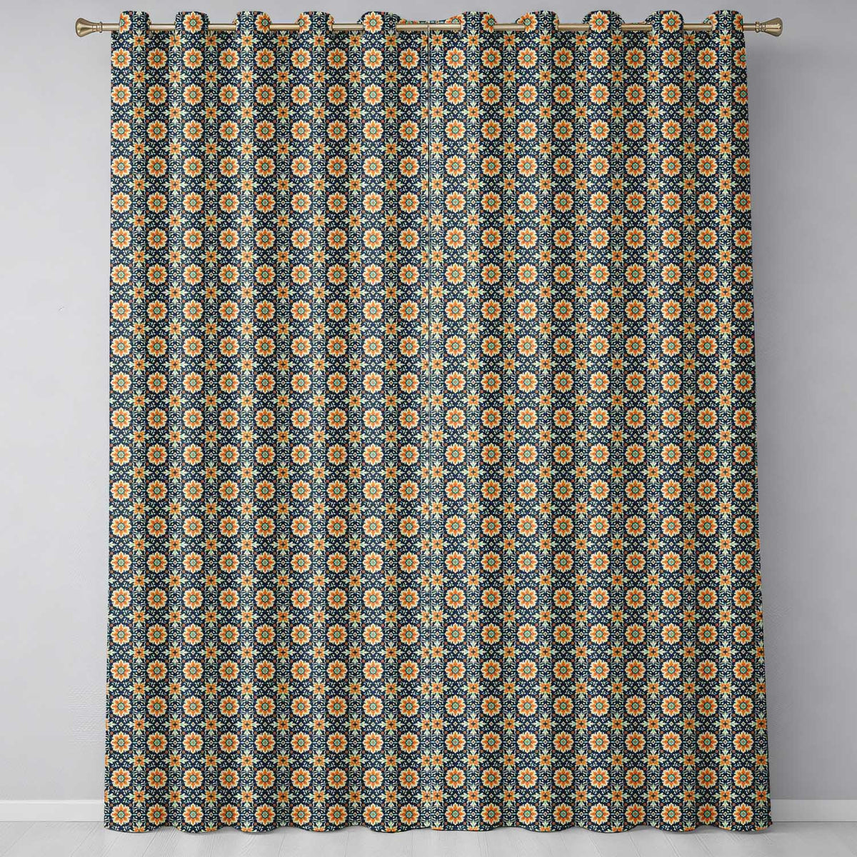 Beige Brown Vintage Floral Tile Classic Seamless Readymade Eyelet Ring Top Thermal 100% Blackout Curtains