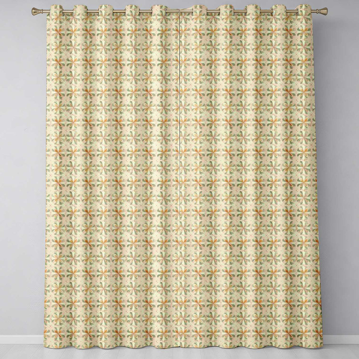Neutral Beige and Ochre Elegant Floral Tile with Subtle Vintage Symmetry Readymade Eyelet Ring Top Thermal 100% Blackout Curtains