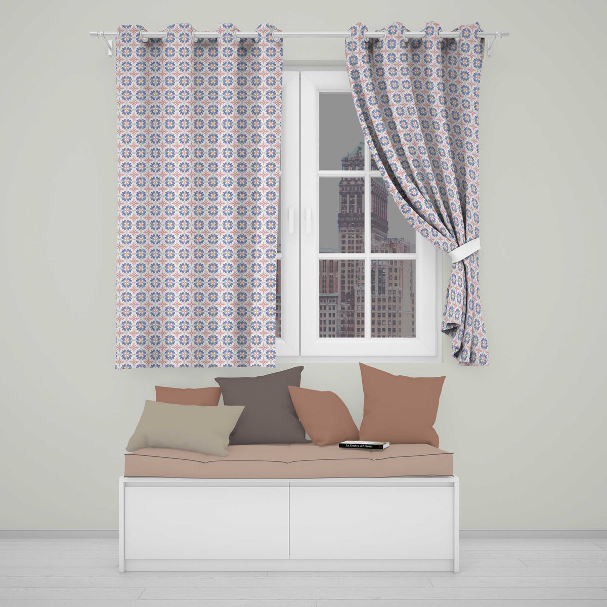 Pastel Blue and Pink Decorative Tile with Floral Symmetry on Cream Readymade Eyelet Ring Top Thermal 100% Blackout Curtains