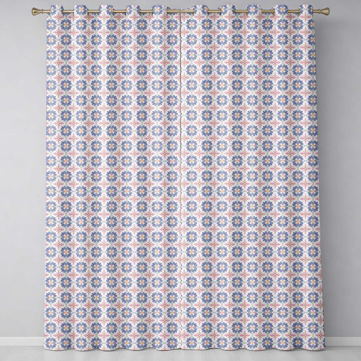 Pastel Blue and Pink Decorative Tile with Floral Symmetry on Cream Readymade Eyelet Ring Top Thermal 100% Blackout Curtains
