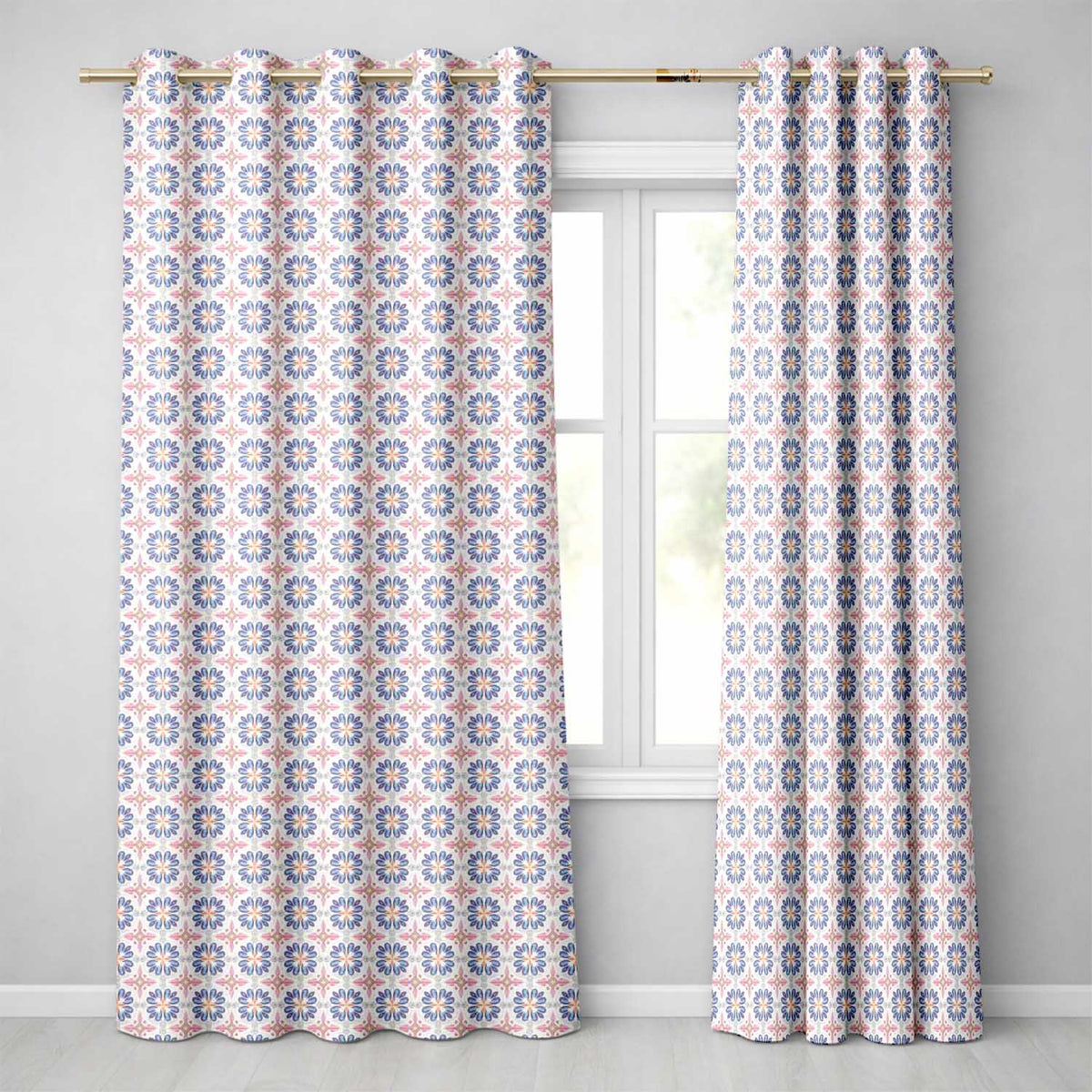 Pastel Blue and Pink Decorative Tile with Floral Symmetry on Cream Readymade Eyelet Ring Top Thermal 100% Blackout Curtains