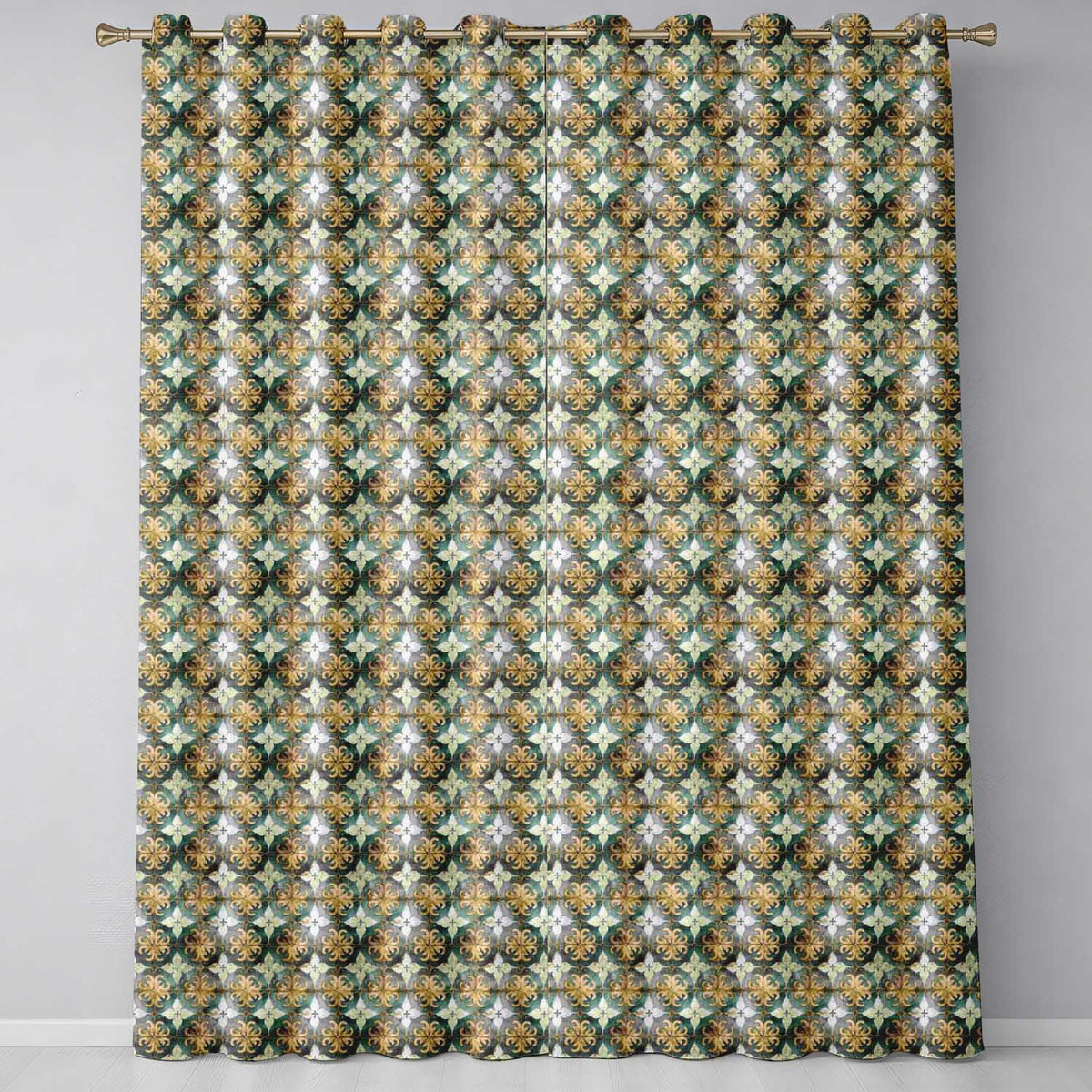 Distressed Blue and Rust Vintage Tile with Ornamental Geometric Design Readymade Eyelet Ring Top Thermal 100% Blackout Curtains