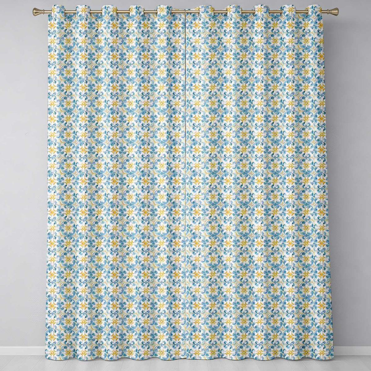 Blue and Gold Classic Decorative Tile with Elegant Floral Symmetry Readymade Eyelet Ring Top Thermal 100% Blackout Curtains