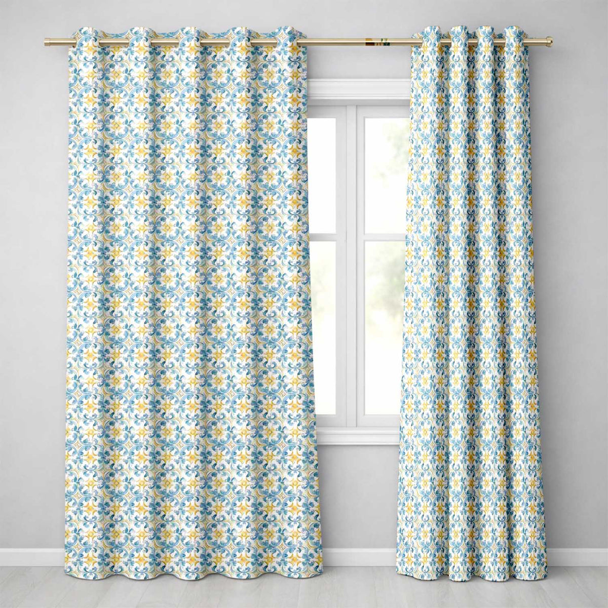 Blue and Gold Classic Decorative Tile with Elegant Floral Symmetry Readymade Eyelet Ring Top Thermal 100% Blackout Curtains