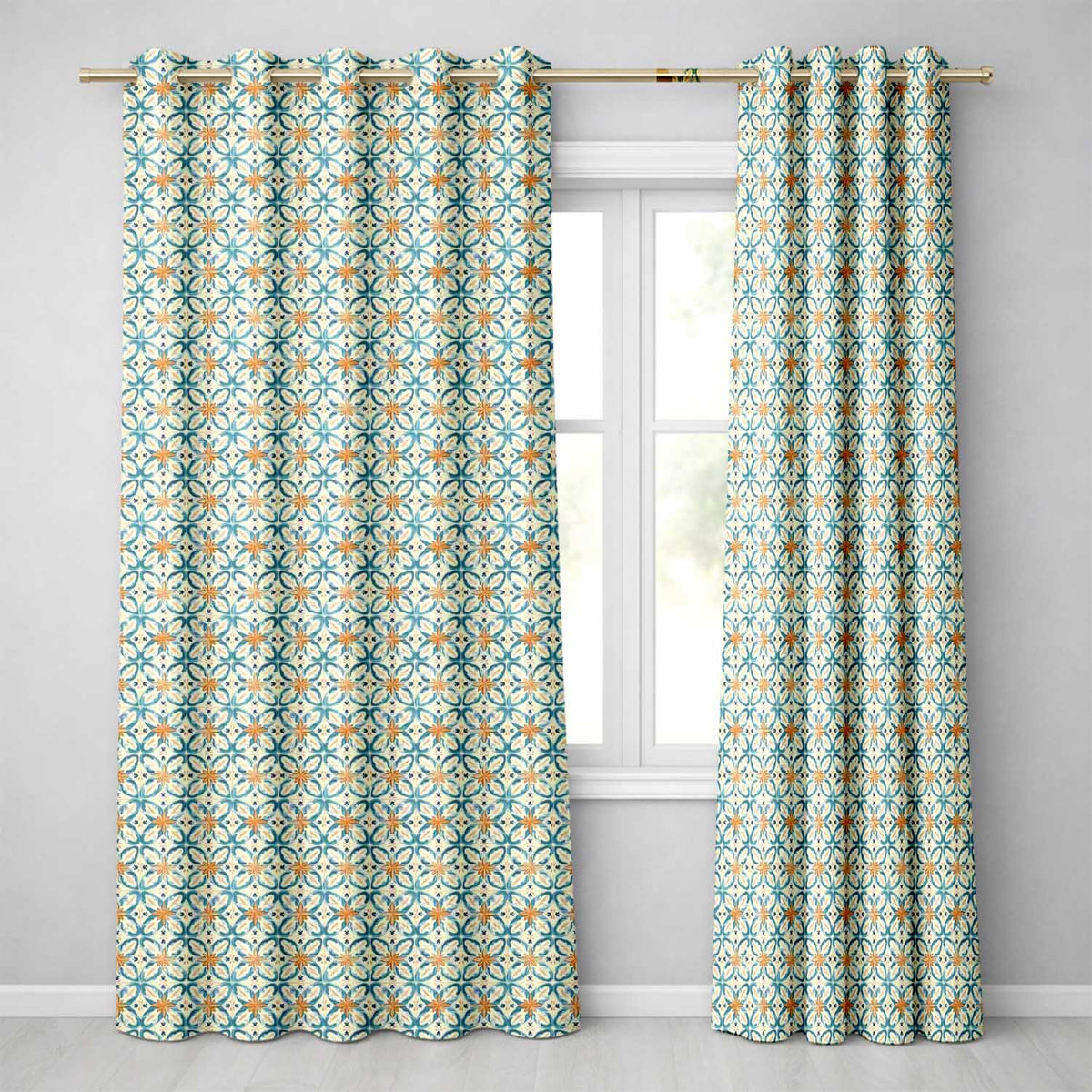 Soft Blue and Yellow Vintage Scroll Tile with Ornate Floral Elements Readymade Eyelet Ring Top Thermal 100% Blackout Curtains