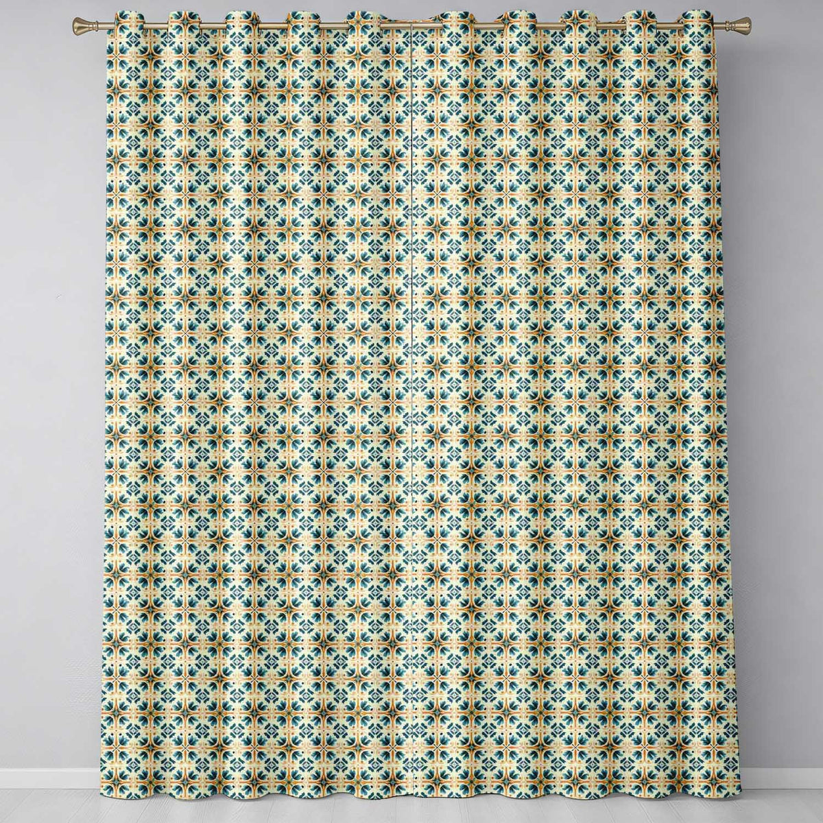 Teal and Orange Stylised Floral Tile with Repeating Geometric Layout Readymade Eyelet Ring Top Thermal 100% Blackout Curtains